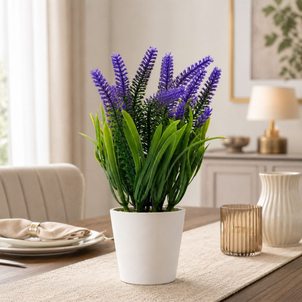 Premium Realistic Artificial Lavender Plant In White Modern Pot