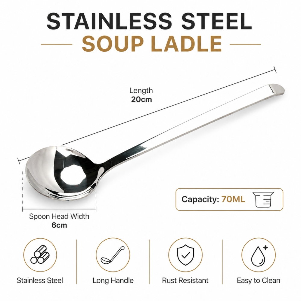 Premium Mirror Polished Stainless Steel Soup Ladle With Long Ergonomic Handle