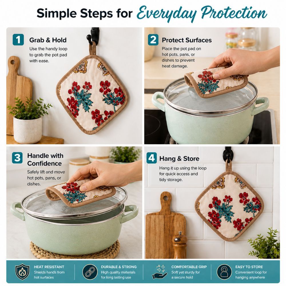 Premium Heat Resistant Kitchen Pot Pad With Floral Print And Hanging Loop