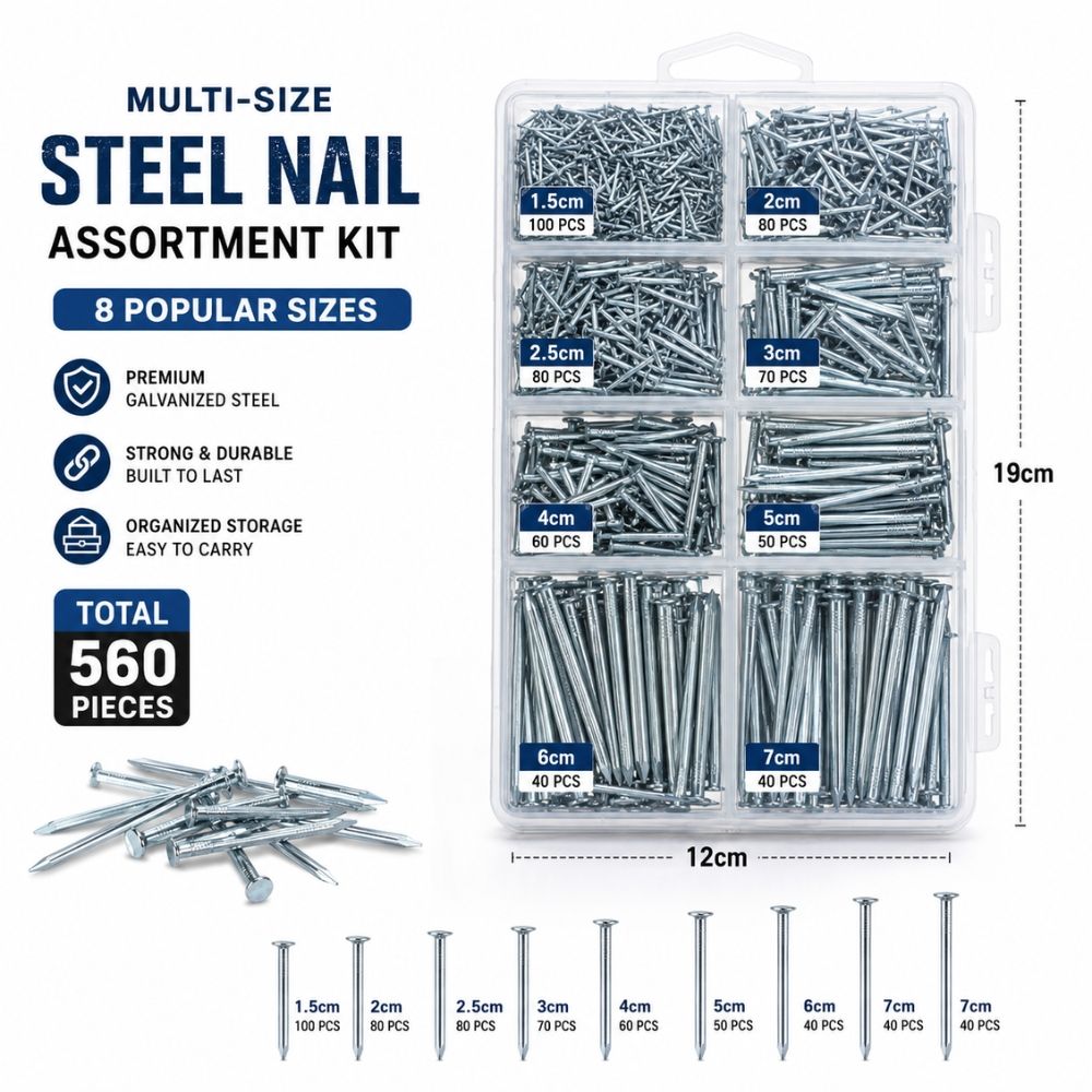 Romantic Ultra-Durable 560-Piece Galvanized Steel Nail Assortment Kit With Organizer Box, 19X12Cm
