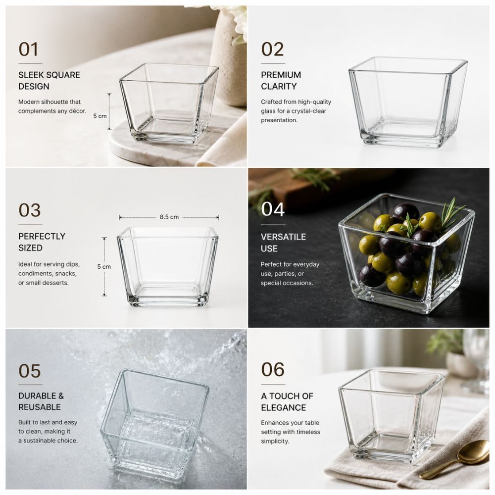 Premium Crystal Clear Square Glass Mini Serving Bowl For Dips Snacks And Desserts