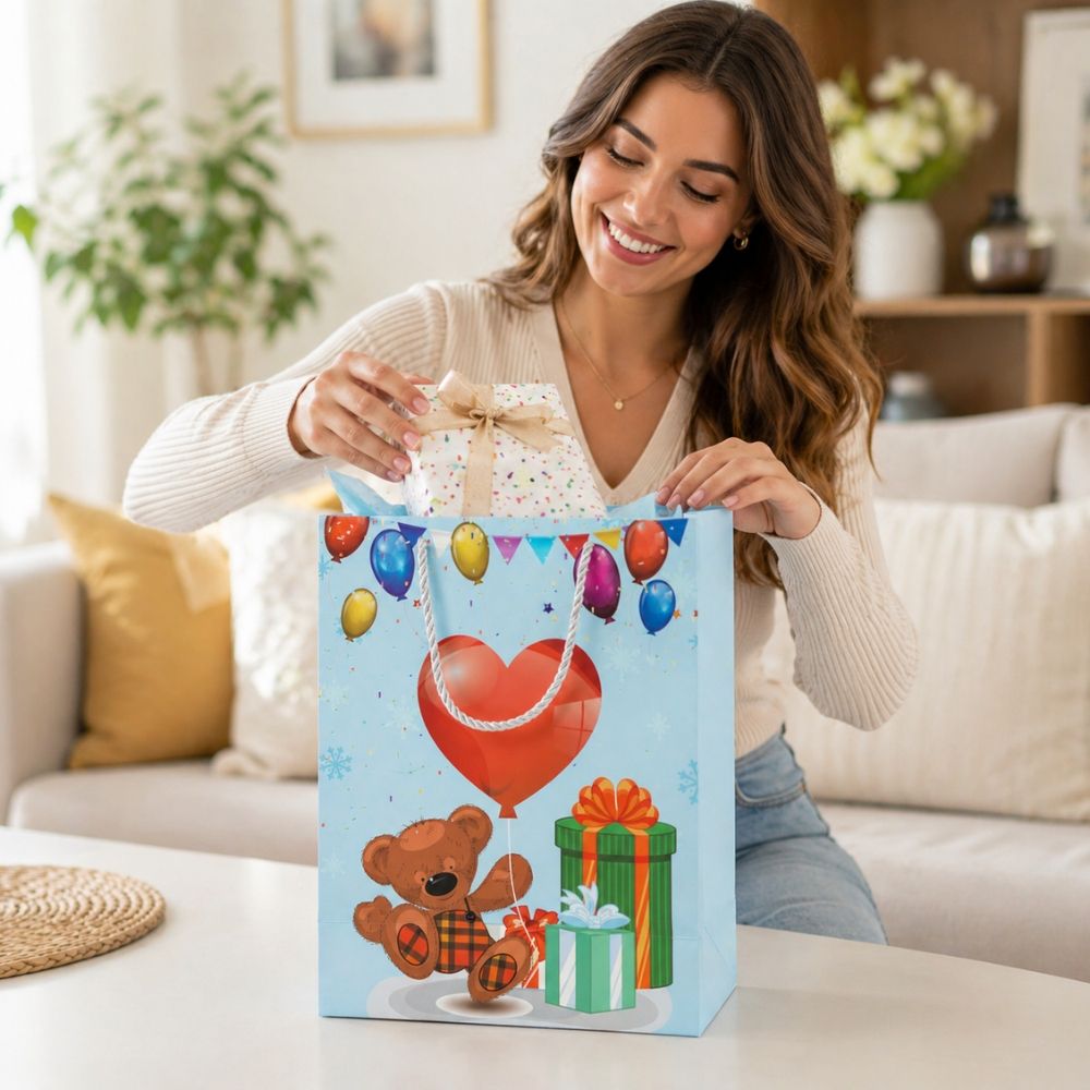 Premium Festive Teddy Gift Bag With Twisted Rope Handle