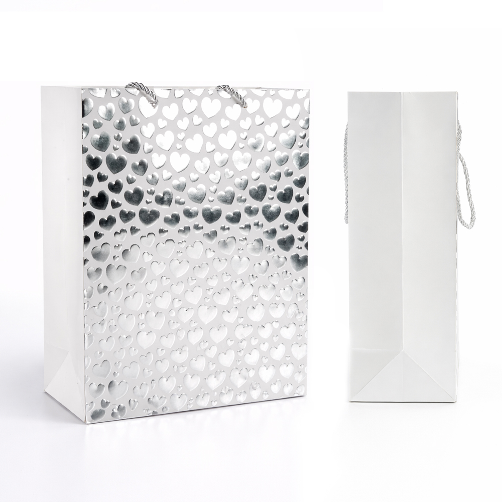 Elegant Heart Design Paper Gift Bag – Shimmering Silver (32Cm)
