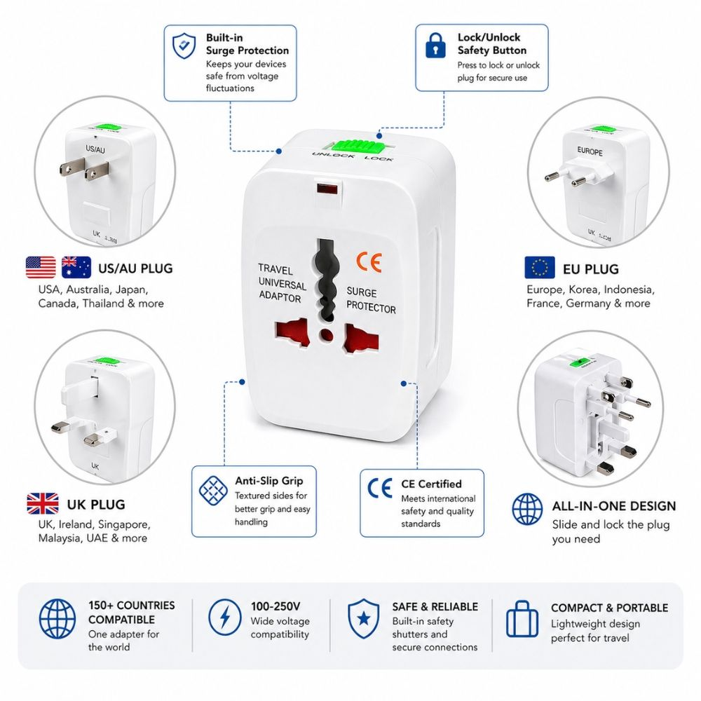 All In One Universal World Travel Adaptor Surge Protector Plug For Worldwide Compatibility