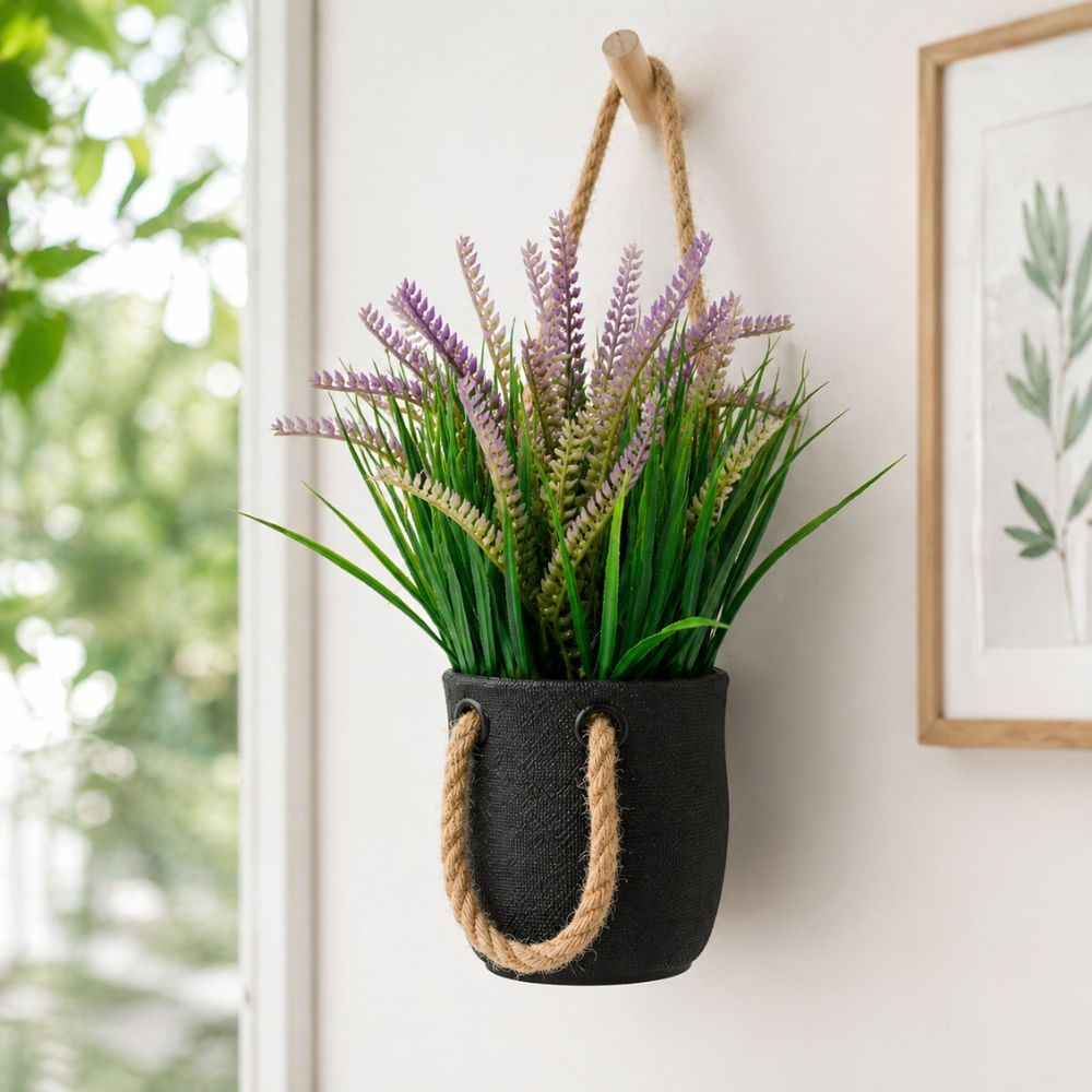 Realistic Artificial Lavender Plant In Hanging Jute Rope Pot For Home Decor
