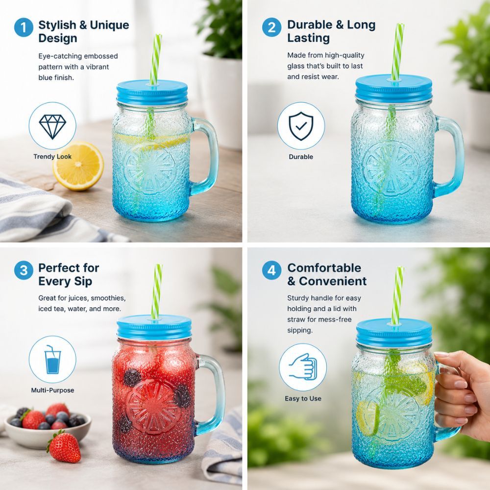 Premium Glass Jar With Reusable Straw And Secure Screw Lid For Refreshing Beverages