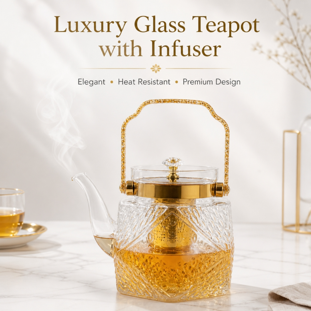 Luxury Heat Resistant Borosilicate Glass Teapot With Golden Handle Infuser 1000Ml