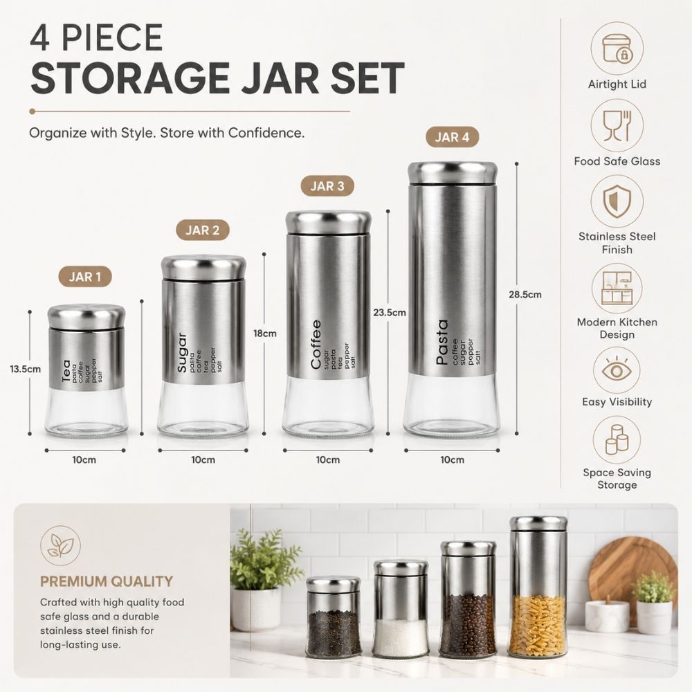 Premium 4-Piece Stainless Steel Glass Canister Set With Labeled Storage For Tea, Coffee, Sugar, Pasta