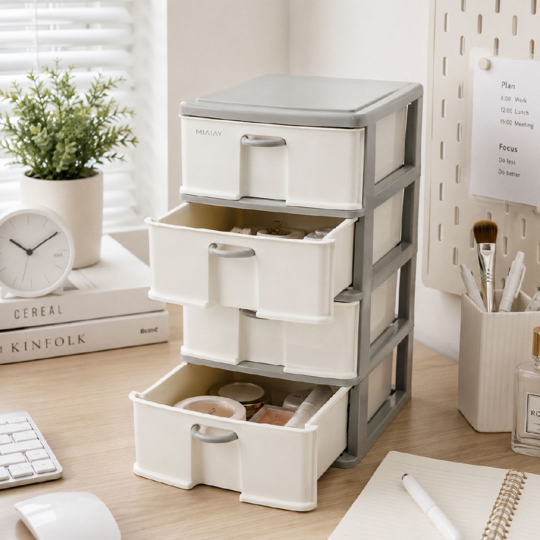 Robust Polypropylene 4-Tier Drawer Storage Cabinet – 42 X 24 Cm – Off