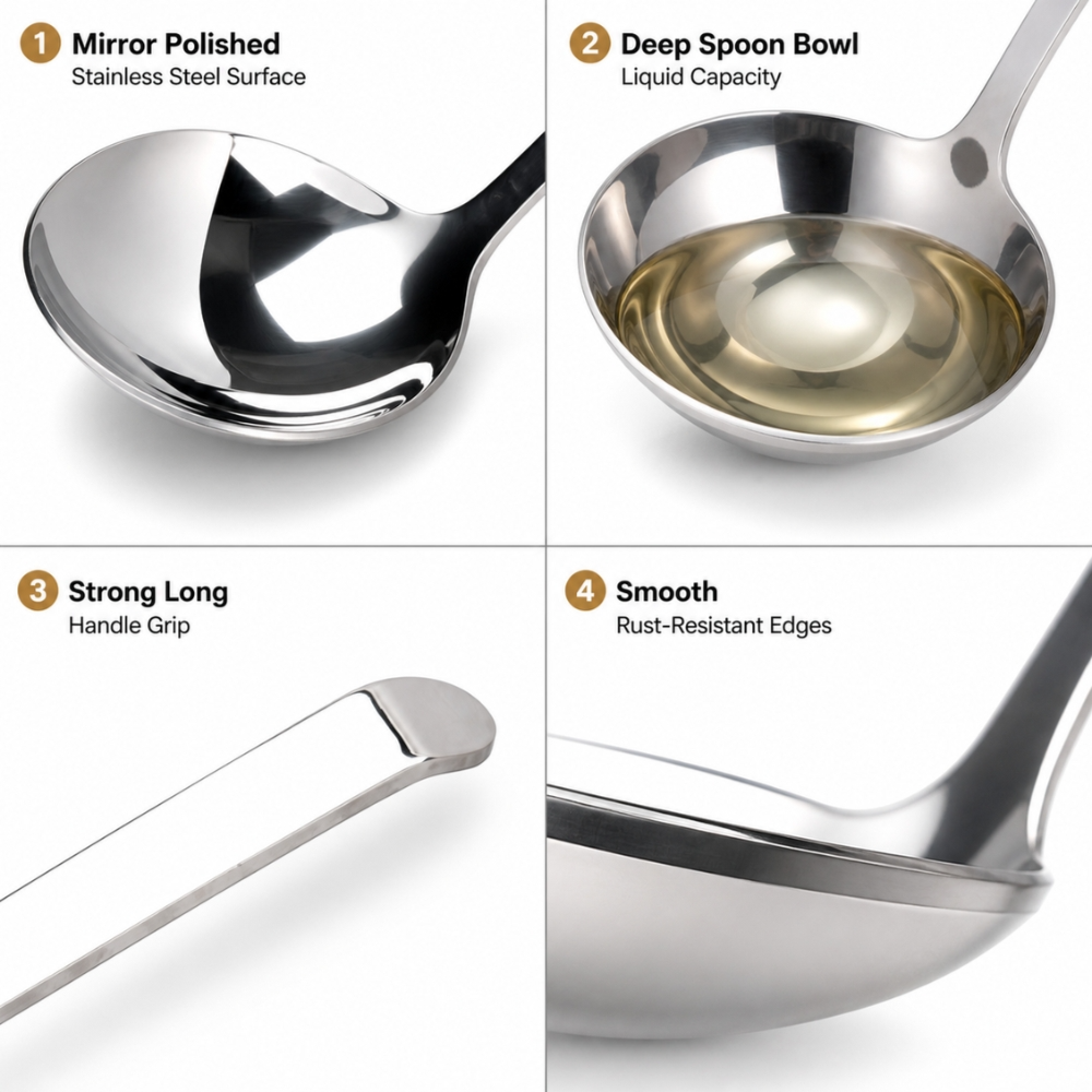 Premium Mirror Polished Stainless Steel Soup Ladle With Long Ergonomic Handle