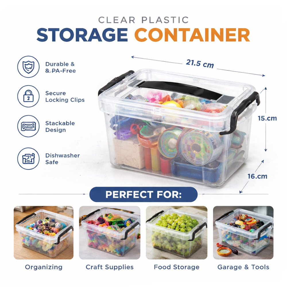 Multipurpose Plastic Storage Box with Handles – Durable Household Organizer Container (24×16×14cm)