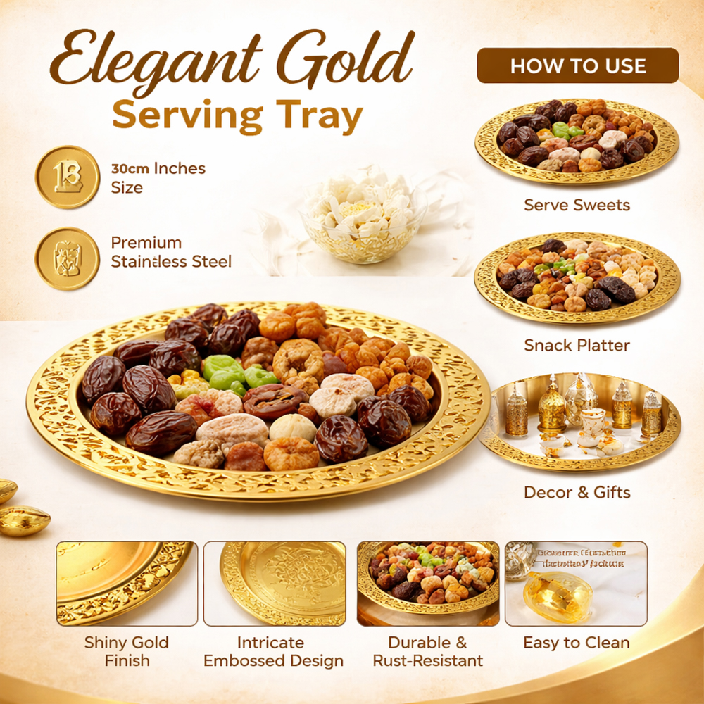 Elegant Gold Embossed Round Serving Tray - 30cm