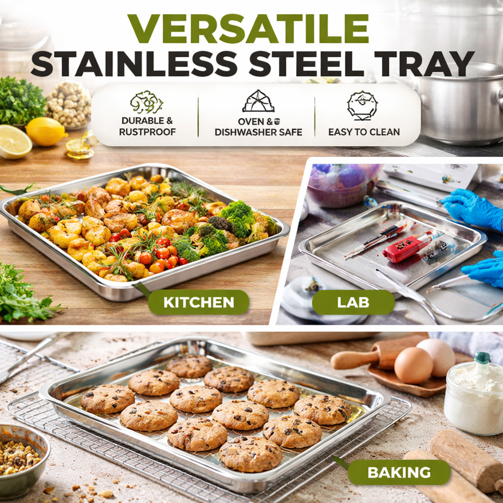 Premium Stainless Steel Rectangular Serving Tray 27cm x 21cm x 3cm – Durable SS Food Serving Plate for Snacks, Fruits, Tea & Everyday Kitchen Use