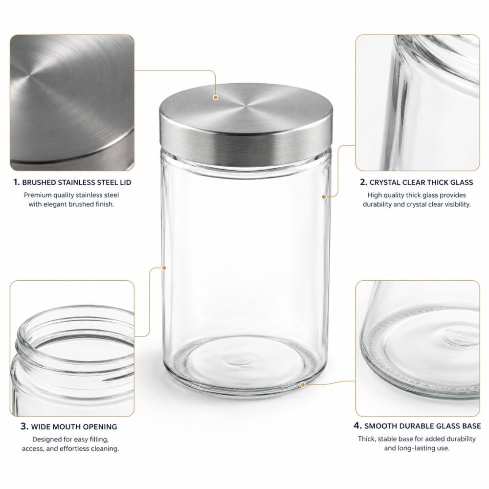 Premium Glass Storage Jar With Stainless Steel Lid - 15.5 X 8.5Cm, Transparent