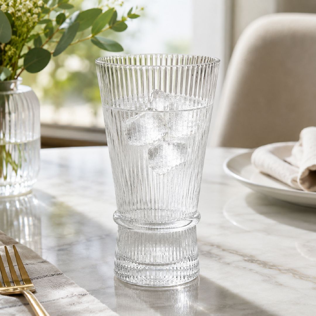 Elegant Ribbed Glass Vase With Flared Top Bow-Tie Cinch Design, Transparent 14.5 X 8 Cm