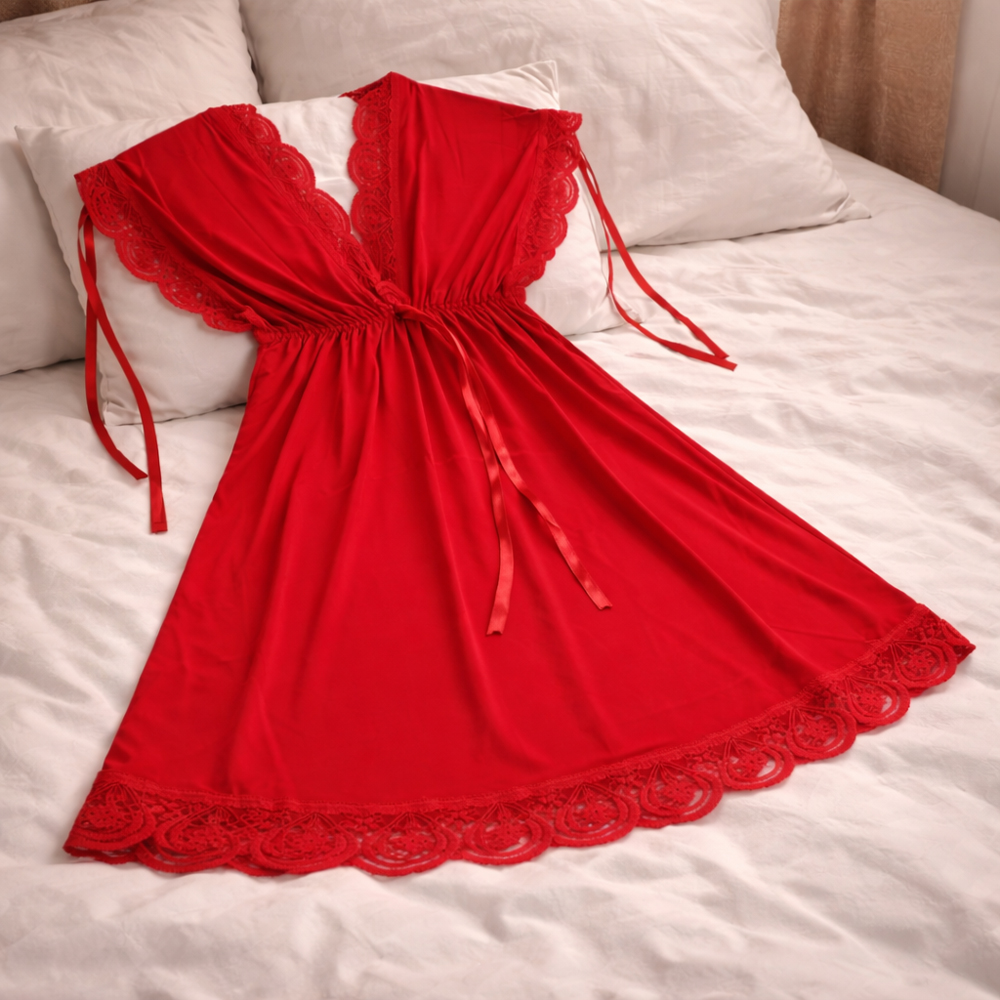 Women’s Stylish Lace Nightgown – Soft Short Sleeve Sleep Dress with Waist Tie for Comfortable Nightwear Polyester Fabric (Height 70cm)