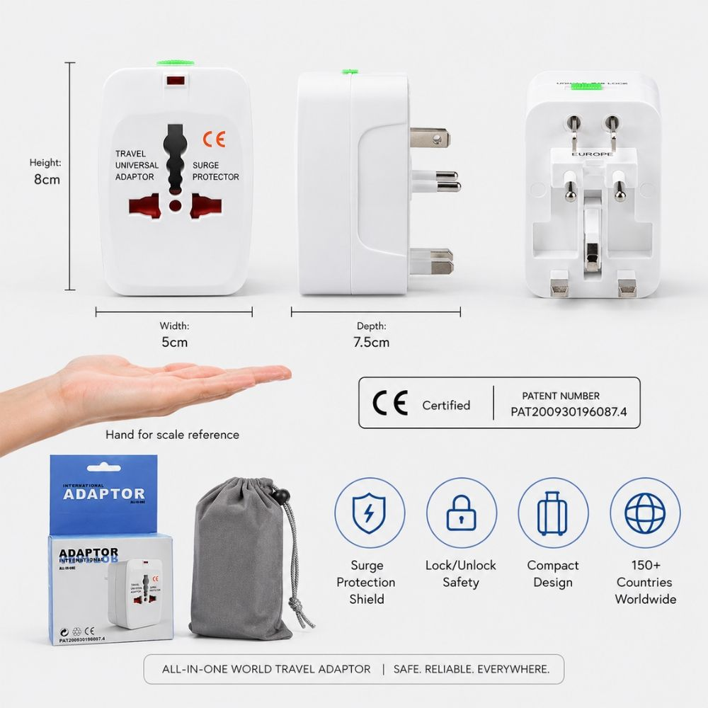 All In One Universal World Travel Adaptor Surge Protector Plug For Worldwide Compatibility