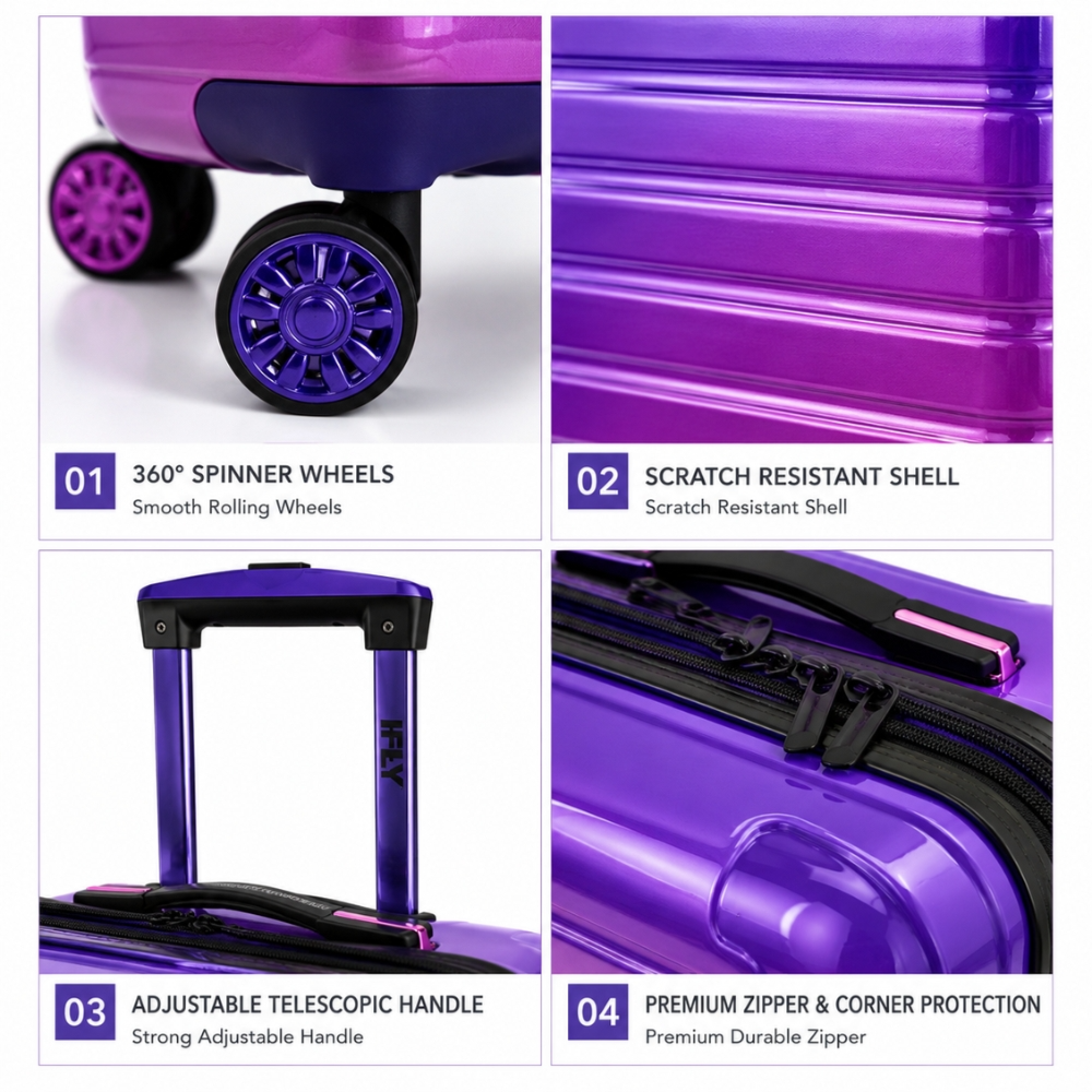 iFLY 24" TravelPro Lightweight ABS Travel Trolley Suitcase with 360° Wheels – Purple Gradient