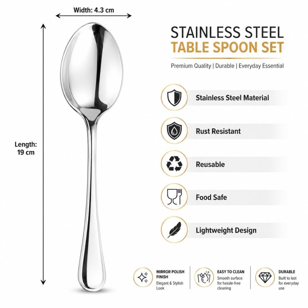 Pragmatic Stainless Steel Dinner Spoons Featuring A Mirror Polish Finish And A Lightweight Design – Sliver (19 X 4.3Cm)