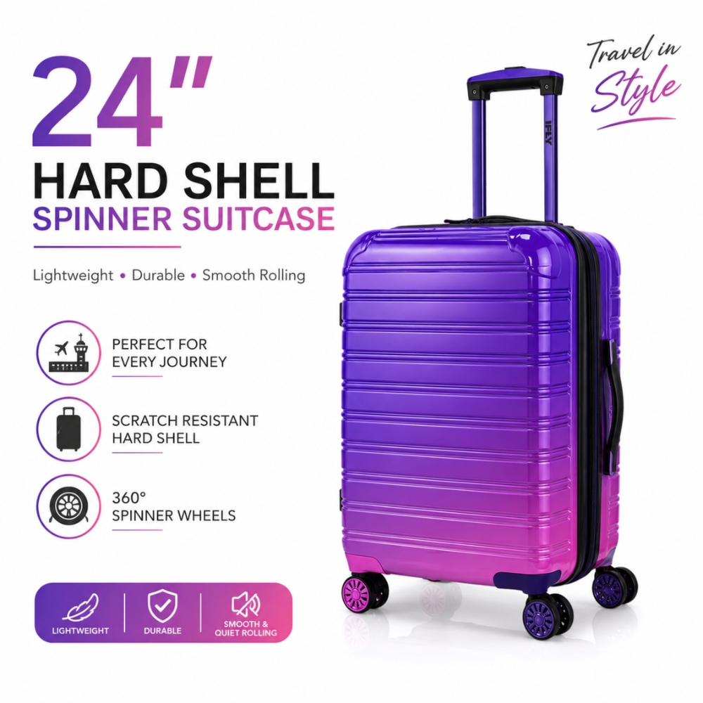 iFLY 24" TravelPro Lightweight ABS Travel Trolley Suitcase with 360° Wheels – Purple Gradient