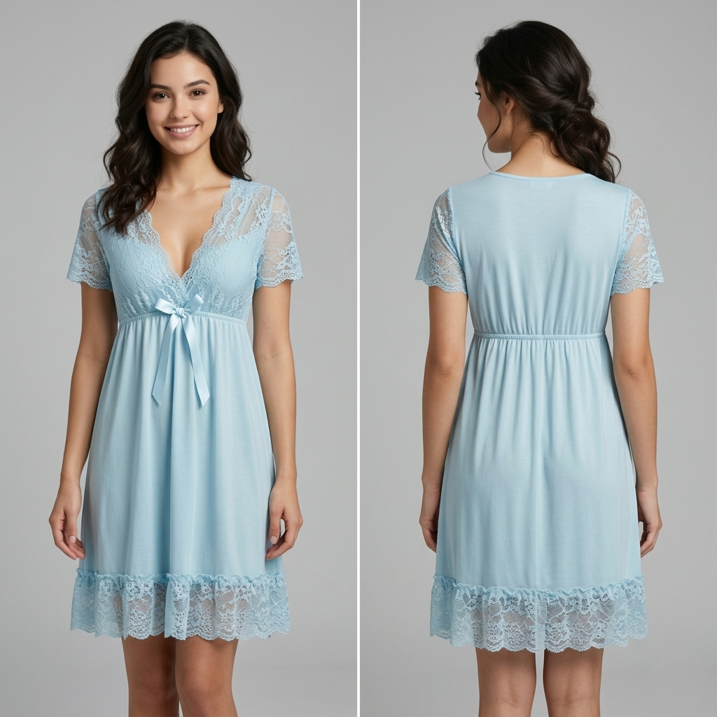 Women’s Soft Nightgown – Comfortable Short Sleeve Sleep Dress with Lace Hem for Nightwear Polyester Fabric (Height 80cm)