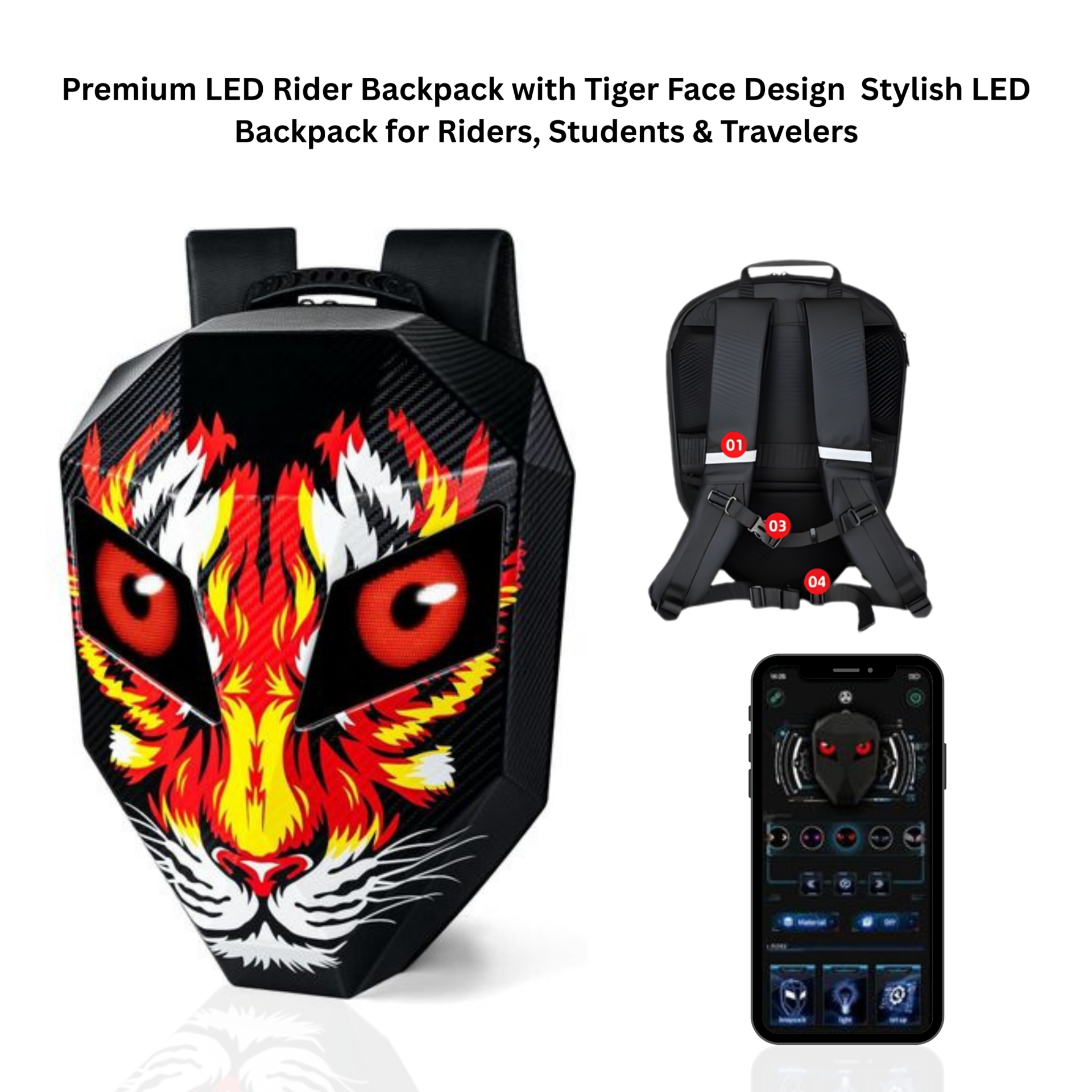 Premium Tiger Face LED Rider Bag – Customizable Smart Backpack