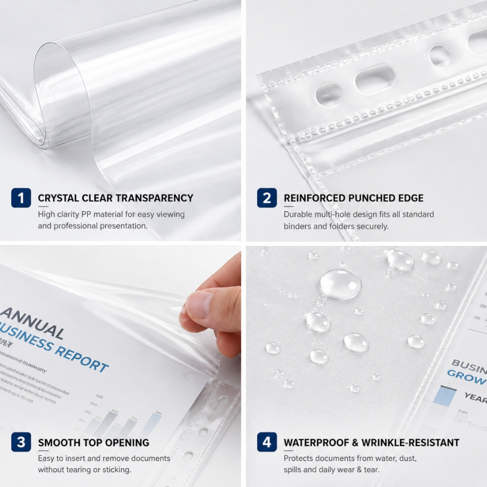 ransparent Punched Pocket 100PCS – A4 Size Clear Document Protector Sleeves (24cm x 30cm) for Office, School & File Organizer
