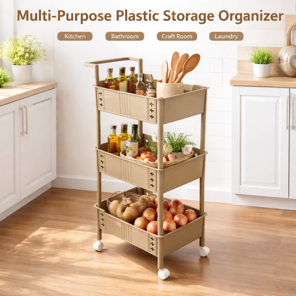 3 - Tier Metal Storage Rack Trolley With Handle – Multipurpose Kitchen, Bathroom & Home Organizer Shelf (Height 90Cm)