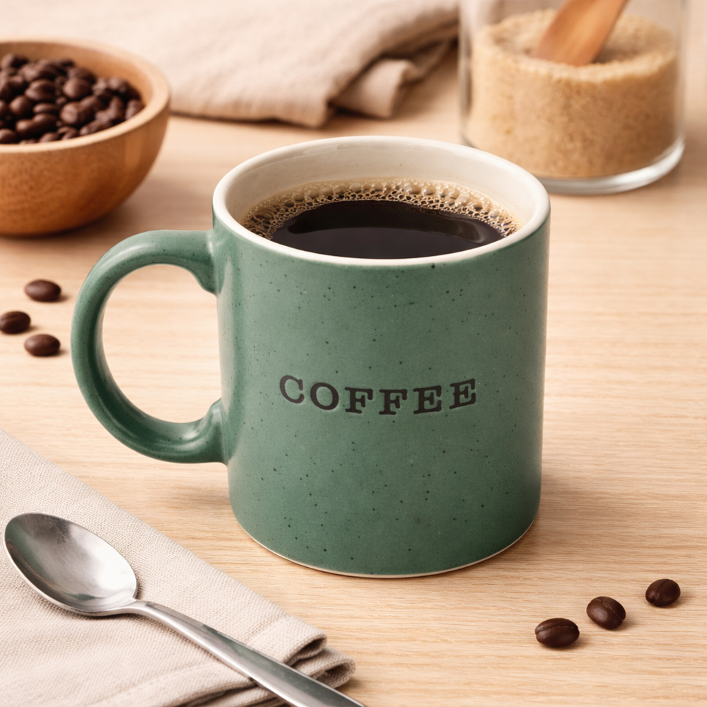 Premium Minimalist Coffee Printed Ceramic Mug 9.5cm x 8.5cm – Matte Green Tea & Coffee Cup for Home & Office