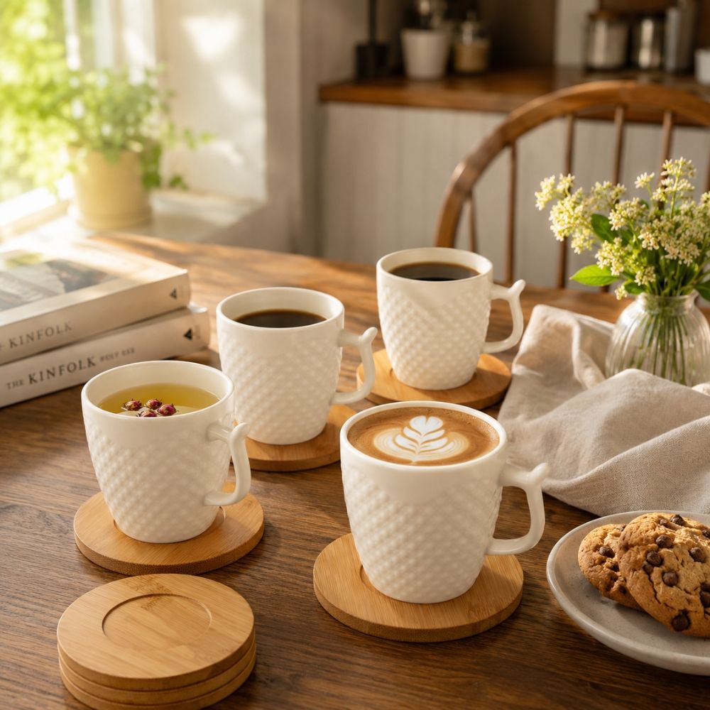 Minimalist Embossed Ceramic Mugs And Bamboo Coasters Set – (12Pcs)