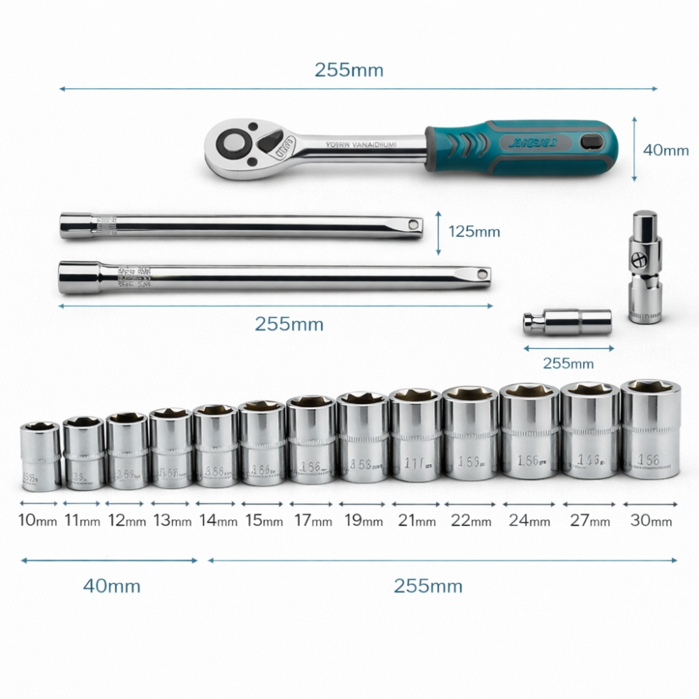 Professional 24-Piece 1/2" Drive Socket Set – Chrome Vanadium Stee