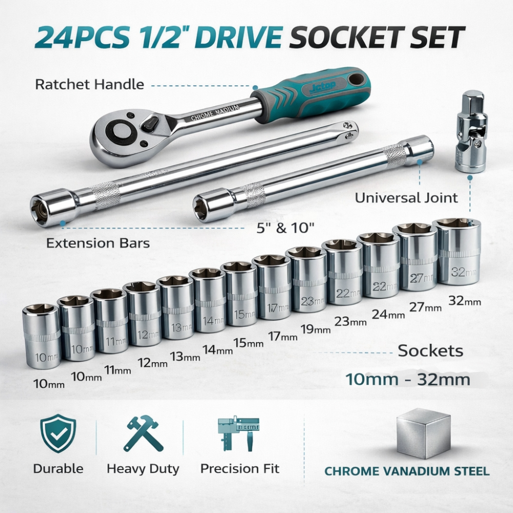 Professional 24-Piece 1/2" Drive Socket Set – Chrome Vanadium Stee