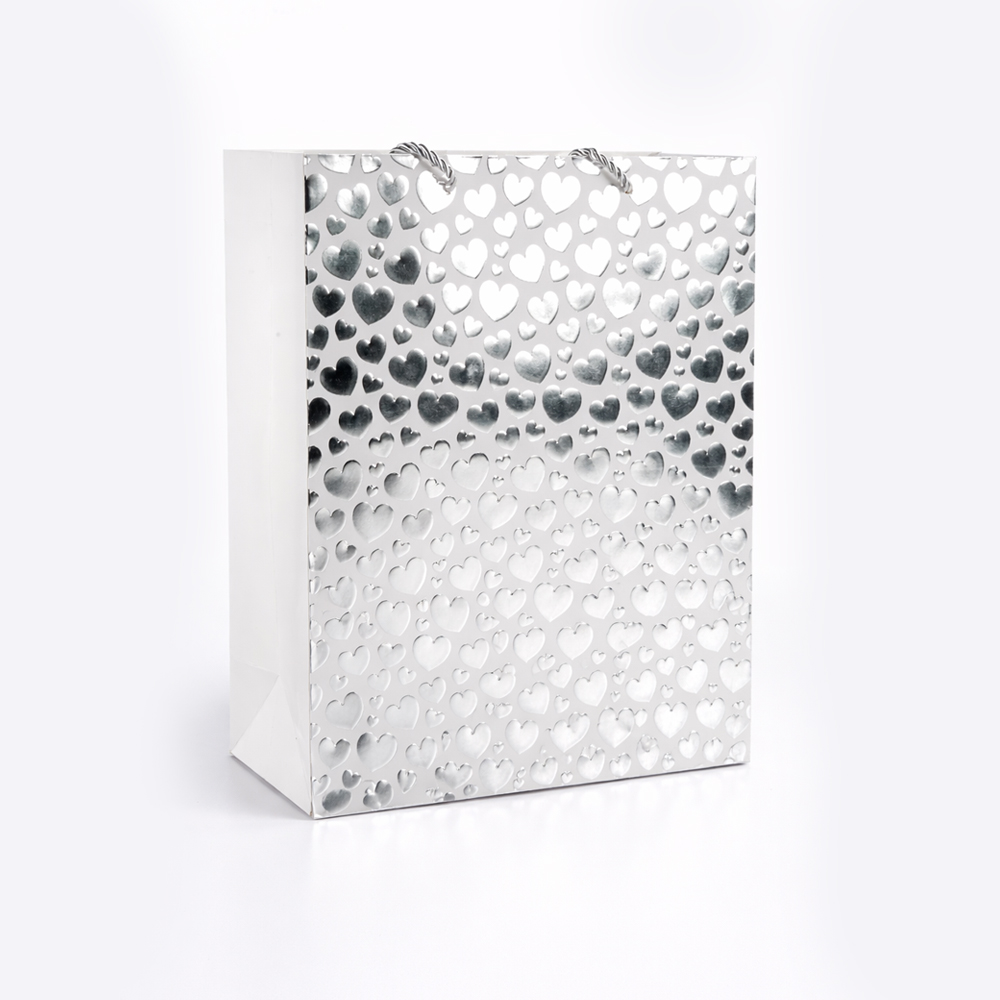 Elegant Heart Design Paper Gift Bag – Shimmering Silver (32Cm)