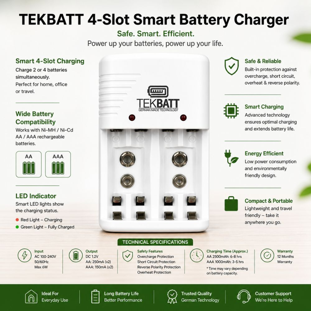 Tekbatt Smart Four Slot Universal Battery Charger For Ni Mh Ni Cd Aa Aaa Rechargeable Batteries