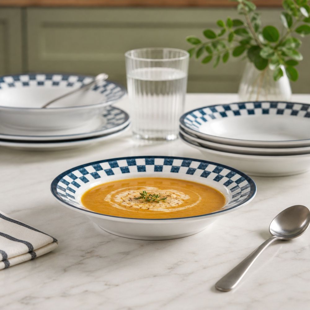 Premium Shatter Resistant Melamine Checkered Border Soup And Pasta Serving Plate