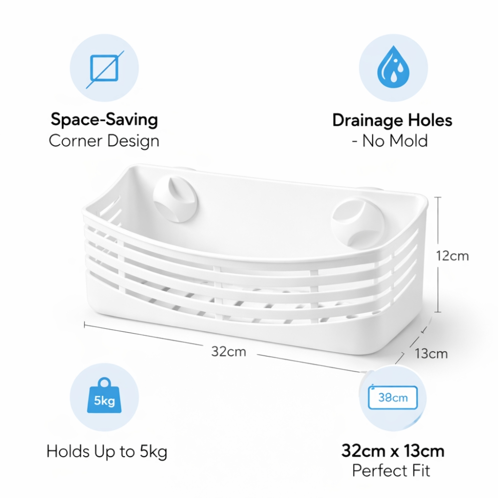 Wall-Mounted Bathroom Bracket 32cm – White Plastic Shower Shelf Organizer, 13cm Depth, Soap Shampoo Storage Rack, Drill-Free Installation