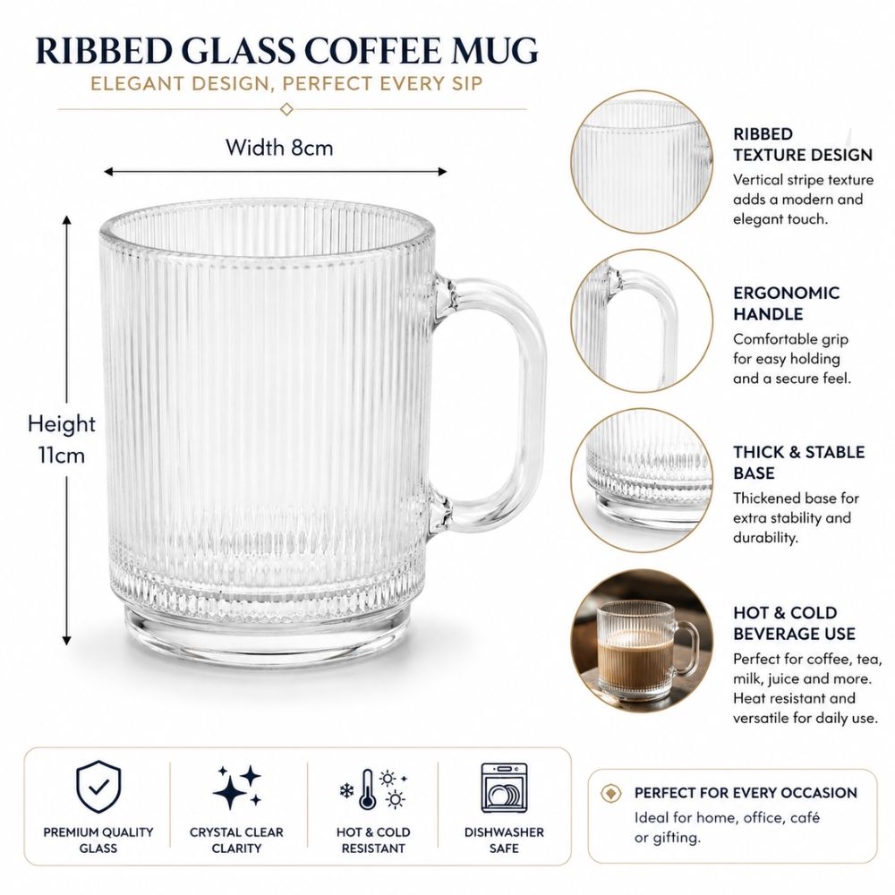 Ribbed Glass Coffee Mug Elegant Clear Heat Resistant Tea And Milk Cup With Handle