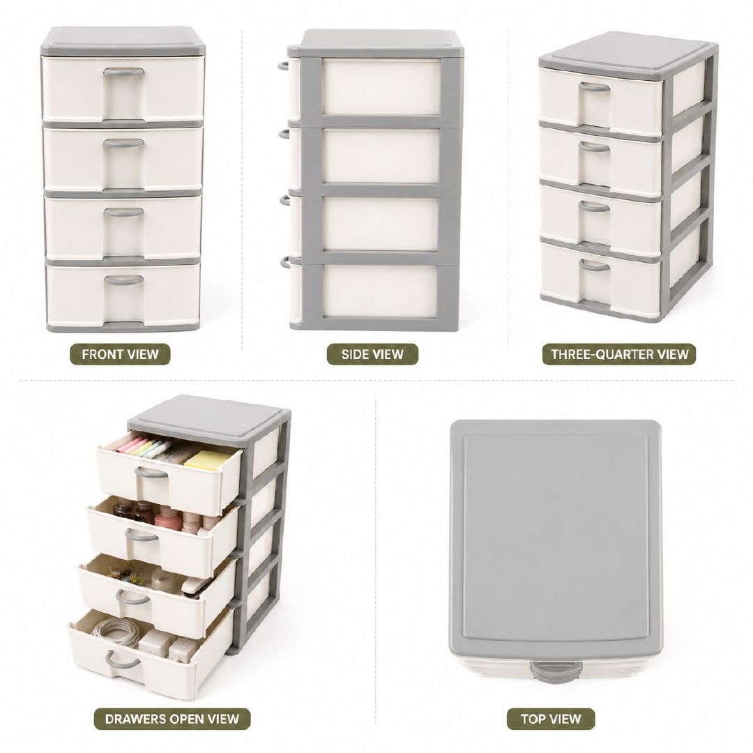 Robust Polypropylene 4-Tier Drawer Storage Cabinet – 42 X 24 Cm – Off