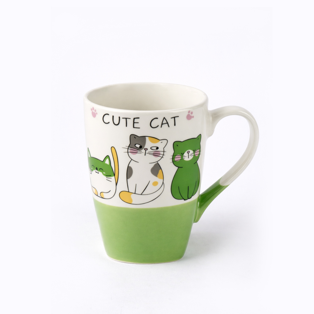 Premium Cute Cat Printed Ceramic Coffee Mug 9cm x 13cm – Green Cartoon Tea Cup for Kids & Cat Lovers