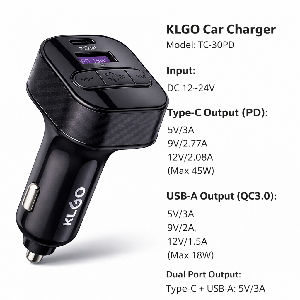 Klgo Tc-30pd Bluetooth Fm Transmitter & Car Charger (Usb-a + Type-c Pd)