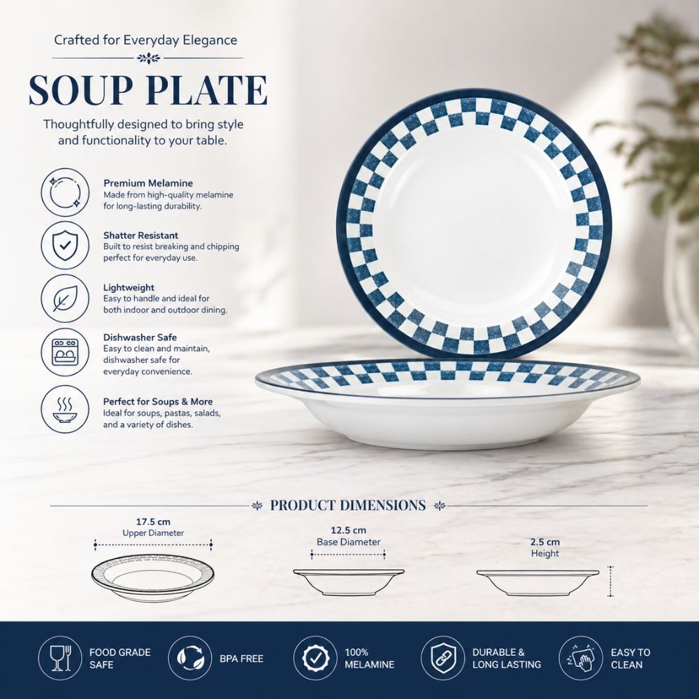 Premium Shatter Resistant Melamine Checkered Border Soup And Pasta Serving Plate