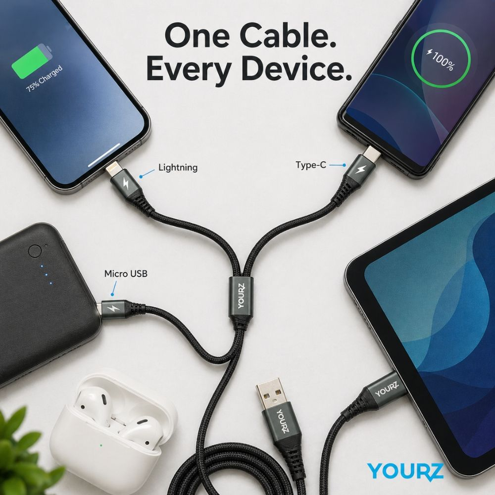 Premium 3 In 1 Universal Fast Charging Data Cable With Multi Connector