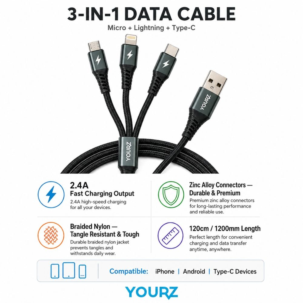 Premium 3 In 1 Universal Fast Charging Data Cable With Multi Connector