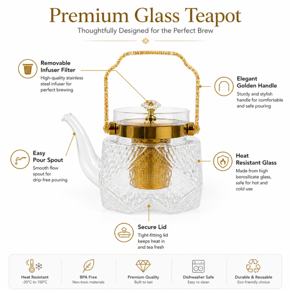 Luxury Heat Resistant Borosilicate Glass Teapot With Golden Handle Infuser 1000Ml