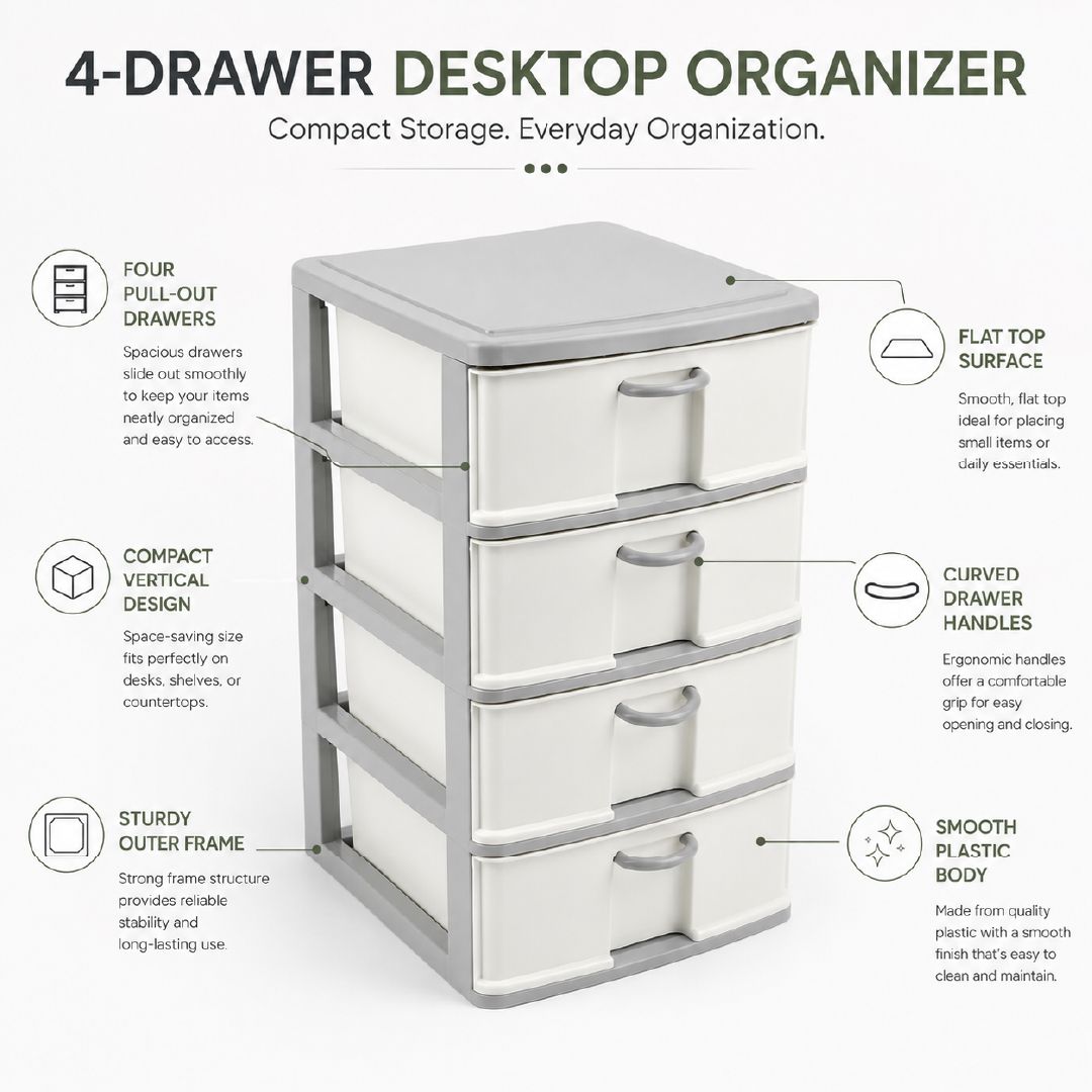 Robust Polypropylene 4-Tier Drawer Storage Cabinet – 42 X 24 Cm – Off