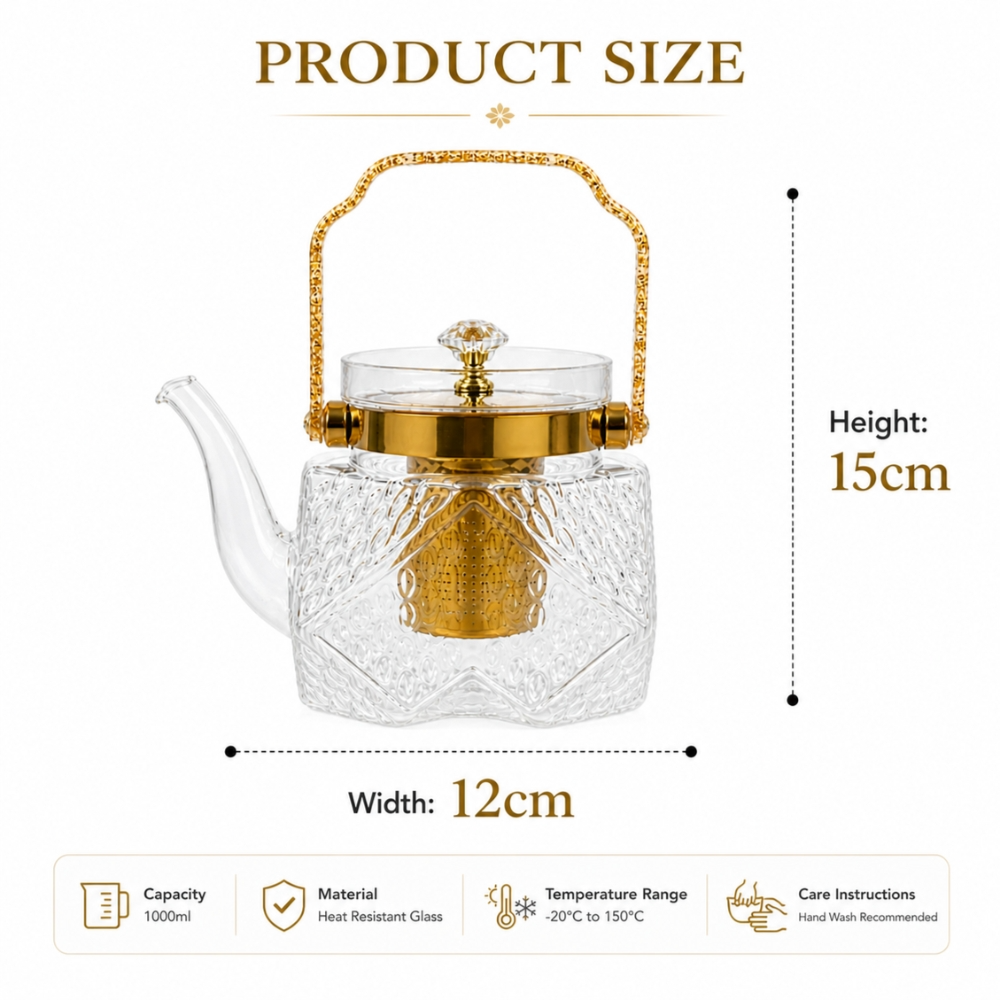 Luxury Heat Resistant Borosilicate Glass Teapot With Golden Handle Infuser 1000Ml