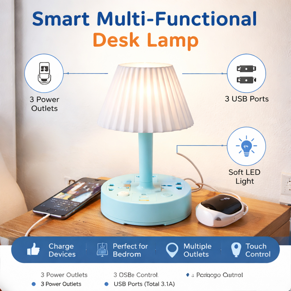 Smart Multi-Functional Desk Lamp with 3 AC Outlets & 2 USB Ports – Bedside Night Light & Power Hub