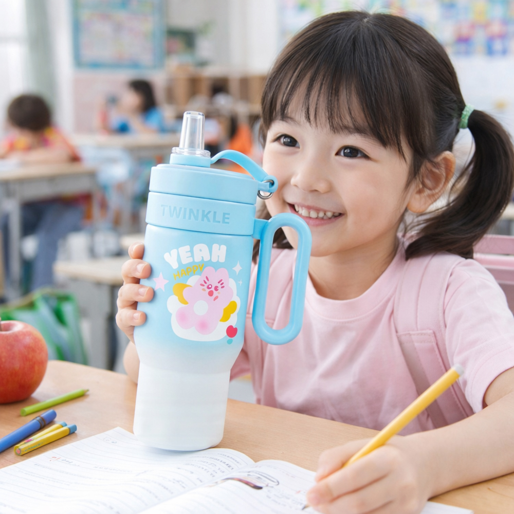 Premium Insulated Vacuum Flask Cup 27cm – Cute Cartoon Stainless Steel Thermal Bottle with Handle for Hot & Cold Drinks