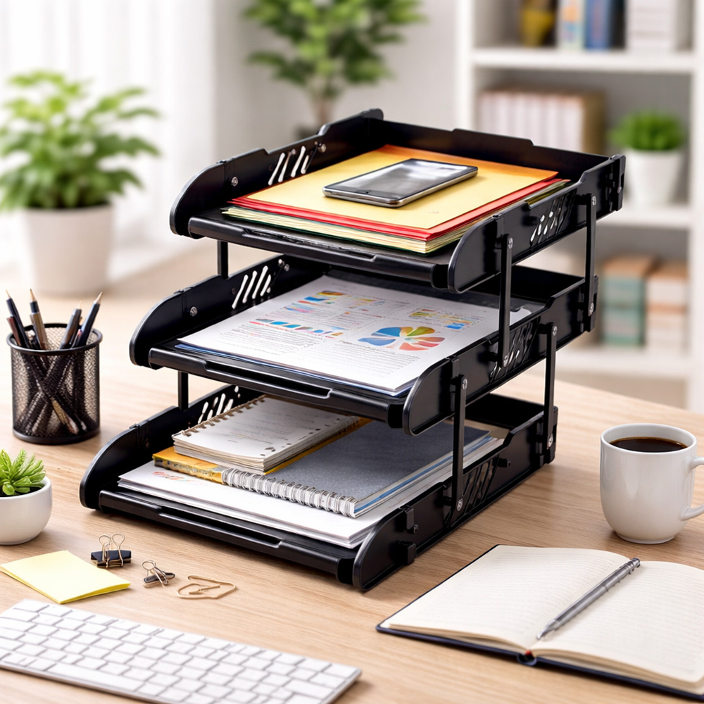 3 Tier Document Storage Organizer Rack – Multi Layer Office Desk File Basket (33cm x 24cm x 22cm)