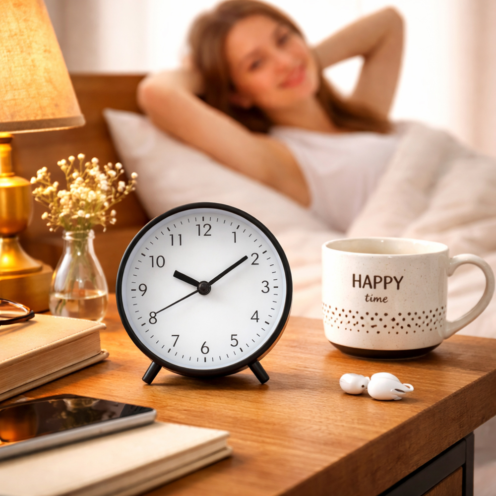Modern Mini Alarm Clock 10cm  Classic Black & White Silent Table Clock for Bedroom, Office & Study Desk